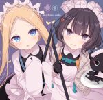  2girls :o :q abigail_williams_(fate) alternate_costume apron artist_name blonde_hair blue_background blue_eyes copyright_request enmaided fate/grand_order fate_(series) holding holding_pole katsushika_hokusai_(fate) long_hair looking_at_viewer maid maid_day maid_headdress multiple_girls oversized_clothes pole purple_eyes purple_hair shikitani_asuka short_hair simple_background tongue tongue_out upper_body 