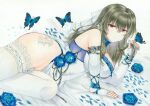  1girl absurdres azur_lane blue_butterfly blue_flower blue_ribbon blue_rose blue_scarf breasts bug butterfly cleavage cross cross_earrings dress earrings elbow_gloves evening_gown fingerless_gloves flower gloves grey_hair highres insect jewelry lace-trimmed_legwear lace_trim large_breasts long_hair lying mole mole_under_eye official_alternate_costume on_side red_eyes ribbon rose saint-louis_(azur_lane) saint-louis_(brilliant_paladin)_(azur_lane) scarf sleeveless sleeveless_dress solo strapless strapless_dress thighhighs traditional_media whipberry white_dress white_gloves white_legwear 