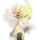  1boy aqua_eyes black_sleeves blonde_hair collared_shirt d_futagosaikyou detached_sleeves from_side hand_up highres kagamine_len kagamine_len_(append) looking_to_the_side male_focus see-through_sleeves shirt short_ponytail sketch sleeveless sleeveless_shirt solo spiked_hair upper_body vocaloid vocaloid_append white_background white_shirt 