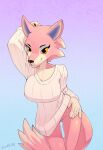  2019 5_fingers absurd_res animal_crossing anthro big_breasts bottomless breasts canid canine canis cleavage clothed clothing crombie female fingers flirting freya_(animal_crossing) fur genitals hand_behind_head hand_on_hip hi_res mammal nintendo orange_sclera pink_body pink_fur pussy signature solo sweater topwear video_games white_clothing white_sweater white_topwear wolf 