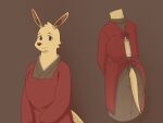  2021 anthro apron braveaustin brown_background clothed clothing female front_view fully_clothed fur hi_res kangaroo long_ears looking_at_viewer macropod mammal marsupial odd_taxi rear_view red_apron simple_background solo taeko_(odd_taxi) tan_body tan_fur 