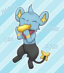  absurd_res candy dessert domestic_cat eating eyes_closed felid feline felis feral food gau_(artist) gummy_(food) happy hi_res jaze_(shinx) male mammal nintendo nom pok&eacute;mon pok&eacute;mon_(species) pok&eacute;mon_mystery_dungeon rymherdier shinx simple_background solo video_games 