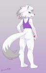  2019 absurd_res animal_crossing anthro blue_eyes butt canid canine canis clothing crombie dipstick_tail fangs female fur grey_highlights hi_res highlights_(coloring) looking_back mammal multicolored_tail nintendo open_mouth purple_clothing purple_shirt purple_tank_top purple_topwear shirt signature solo tank_top topwear video_games white_body white_fur whitney_(animal_crossing) wolf 