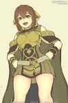  1girl armor artist_name bangs boobplate bracelet bracer brown_eyes brown_hair cape clenched_hands delthea_(fire_emblem) dress fantasy fire_emblem fire_emblem_echoes:_shadows_of_valentia gofelem hair_between_eyes jewelry looking_down off_shoulder open_mouth smile solo unfinished yellow_background yellow_dress 