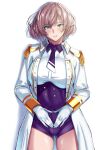  1girl bangs blue_eyes blush collared_shirt gloves highres jacket looking_at_viewer military_jacket mini_necktie mujina open_clothes open_jacket parted_lips purple_corset purple_neckwear purple_shorts shirt short_hair shorts ssss.dynazenon standing thighs underbust white_background white_gloves white_jacket yuhica 