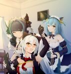  3girls absurdres animal_ears azur_lane bare_shoulders black_gloves blue_dress blue_eyes blue_hair breasts cat_ears cheshire_(azur_lane) clam_shell cleavage detached_collar detached_sleeves doujinshi drake_(azur_lane) dress elbow_gloves eyebrows_visible_through_hair fake_animal_ears fake_antlers frilled_dress frilled_hairband frills gloves hairband highres indoors large_breasts long_hair maid multicolored_hair multiple_girls necktie neptune_(azur_lane) one_eye_closed open_mouth po-ou._frame puffy_short_sleeves puffy_sleeves purple_hair red_dress red_neckwear shell_hair_ornament short_hair short_sleeves side_ponytail sleeveless sleeveless_dress streaked_hair two-tone_hair white_dress wrist_cuffs yellow_eyes 
