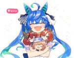  1girl animal_ears blue_hair character_doll closed_eyes doll_hug ear_covers facing_viewer hair_ribbon horse_ears horse_girl ikuno_dictus_(umamusume) matikane_tannhauser nice_nature_(umamusume) open_mouth puffy_short_sleeves puffy_sleeves ribbon school_uniform sharp_teeth short_sleeves solo stuffed_toy teeth touyama_soboro tracen_school_uniform translation_request twin_turbo_(umamusume) twintails umamusume white_background 