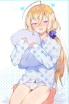  1boy absurdres ahoge akemaru bangs blonde_hair blue_eyes blush bulge chromatic_aberration commentary crossed_bangs eyebrows_visible_through_hair hair_between_eyes hair_ribbon heart highres looking_at_viewer mama_(akemaru) open_mouth original otoko_no_ko panties pillow pillow_hug ribbon shirt smile solo underwear 