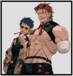  2boys abs amputee bandages bare_pectorals bead_bracelet beads black_border black_hair border bracelet bridal_gauntlets brown_eyes chinese_clothes clenched_teeth earrings eustass_captain_kid eyewear_on_head facial_hair goatee hair_slicked_back jewelry kiseru large_pectorals long_sideburns looking_at_viewer male_focus mandarin_collar multiple_boys multiple_earrings muscular muscular_male navel nipples one_piece pectorals pipe pipe_in_mouth red_hair red_lips round_eyewear scar scar_on_face scar_on_stomach short_hair shrug_(clothing) sideburns sleeveless sosogi_(qtgejyrkhrng4jk) stomach sunglasses tassel tassel_earrings teeth thumbs_down trafalgar_law 