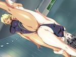  2girls armpits bare_shoulders black_hair blonde_hair blue_eyes breast_press breasts cg competition_swimsuit dark_skin dutch_angle flexible gymnastics hair_between_eyes happy highleg highleg_swimsuit hime_cut huge_breasts indoors kikutei_nanno kneepits large_breasts leg_grab leg_hold leg_lift legs locker_room long_hair looking_at_viewer minamoto_sono multiple_girls one-piece one-piece_swimsuit open_mouth pink_eyes raised_leg red_eyes sexy shiruzaru short_hair smile split spread_legs swimsuit symmetrical_docking symmetry tokunou_shirumamire! upside-down 