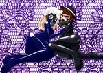  blonde_hair blue_eyes bodysuit brown_eyes brown_hair female gas_mask gimpgear gimpsuit hat highres latex latex_suit maribel_han maribel_hearn mask tamakko touhou usami_renko yuri 