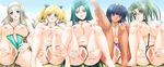  5girls anus ass barefoot bb bikini blonde_hair blue_eyes blue_hair blush breasts censored female glasses green_eyes green_hair huge_breasts large_breasts lineup long_hair multiple_girls purple_eyes pussy red_eyes smile swimsuit take_your_pick twintails 