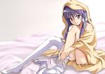  bed_sheet clannad fujibayashi_kyou legs long_hair naked_sheet purple_eyes purple_hair ribbon smile socks solo thighhighs thighhighs_pull warabino_matsuri 