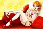  artist_request dessert finger_licking food garter_belt hair_ribbon high_heels jewelry licking lingerie nami_(one_piece) one_piece ribbon ring shoe_dangle shoes solo tattoo thighhighs underwear 