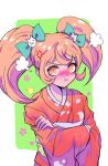  1girl :t =3 anger_vein angry animal_print bangs bird_print blonde_hair blush bow cat_hair_ornament closed_mouth commentary_request crossed_arms danganronpa_(series) danganronpa_2:_goodbye_despair frown furisode green_background green_bow hair_bow hair_ornament japanese_clothes kimono long_hair long_sleeves looking_at_viewer nose_blush obi orange_eyes orange_hair pout rexmmik saionji_hiyoko sash shiny shiny_hair solo twintails upper_body v-shaped_eyebrows white_background wide_sleeves 