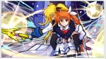  2girls angry battle blonde_hair blood brown_hair carrying clenched_teeth couple fate_testarossa highres injury jacket long_hair lyrical_nanoha mahou_shoujo_lyrical_nanoha mahou_shoujo_lyrical_nanoha_strikers multiple_girls piggyback purple_eyes raising_heart takamachi_nanoha teeth twintails user_sjde7774 very_long_hair white_jacket yuri 