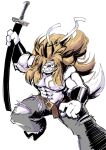  4_fingers abs accessory anaugi anthro armlet armor belt biceps blonde_hair bottomwear bovid caprine clothed clothing fingers geisuke_(anaugi) goat grin hair headband holding_object holding_sword holding_weapon hooves horn long_hair male mammal melee_weapon midriff muscular muscular_anthro muscular_male navel pants pose simple_background smile solo sword topless torn_clothing weapon white_background 