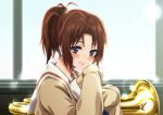  1girl absurdres beige_cardigan blue_neckwear blush brown_eyes brown_hair cardigan closed_mouth euphonium hibike!_euphonium highres indoors instrument kitauji_high_school_uniform kurumiyasan_ns liz_to_aoi_tori long_hair long_sleeves nakagawa_natsuki neckerchief ponytail sailor_collar school_uniform serafuku sitting solo white_sailor_collar window 