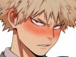  1boy bakugou_katsuki bangs blonde_hair blush boku_no_hero_academia close-up english_commentary face keva_(liltkeva) looking_at_viewer male_focus parted_lips red_eyes short_hair simple_background solo spiked_hair sweatdrop teeth v-shaped_eyebrows white_background 
