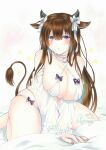  1girl absurdres animal_ears azur_lane bare_shoulders bikini breasts brown_hair cow_ears cow_girl cow_horns cow_tail criss-cross_halter flower hair_flower hair_ornament halterneck highres horns huge_breasts kashino_(after-bath_pleasure)_(azur_lane) kashino_(azur_lane) looking_at_viewer multi-strapped_bikini official_alternate_costume purple_eyes see-through see-through_sleeves simple_background skindentation solo swimsuit tail traditional_media v_arms whipberry white_background white_bikini white_flower 