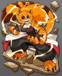  2020 3_toes 4_fingers angry anthro barefoot beifong_(midrushnic) big_hands brown_body brown_claws brown_fur brown_nails brown_sclera ceehaz chest_tuft claws colored_nails crouching electricity fangs feet felid female fingers fur grey_background hair hi_res inner_ear_fluff keikogi mammal martial_arts martial_arts_uniform nails open_mouth orange_body orange_fur orange_hair pantherine pawpads pose pupils simple_background slit_pupils solo sportswear striped_body striped_fur striped_tail stripes tiger toes tuft 