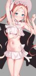  1girl abigail_williams_(fate) abigail_williams_(swimsuit_foreigner)_(fate) arm_up armpits bikini blonde_hair blue_eyes bonnet closed_mouth commentary_request fate/grand_order fate_(series) grey_background hand_up highres long_hair looking_at_viewer navel simple_background solo standing swimsuit thighs white_bikini yukiyama_momo 