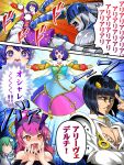  blue_eyes blue_hair bob_cut bruno_buccellati crossover frog_hair_ornament green_hair hair_ornament hairclip hecatia_lapislazuli japanese_clothes jojo_no_kimyou_na_bouken kochiya_sanae miko multiple_girls rainbow rapid_punches snake_hair_ornament stand_(jojo) sticky_fingers_(stand) tenkyuu_chimata touhou translation_request warugaki_(sk-ii) zipper zipper_skirt 