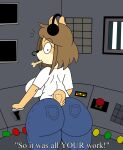  anthro big_breasts big_butt blue_eyes bottomwear breasts brown_hair butt canid canine canis caught clothed clothing crackalacking curvy_figure denim denim_clothing dog_treat domestic_dog female fully_clothed hair headgear headphones headset hi_res huge_breasts huge_butt humor jeans june_(jinu) konami looking_at_viewer looking_back mammal mature_anthro mature_female monitor pants shiba_inu shirt silent_hill solo spitz switch_(disambiguation) text thick_thighs topwear video_games voluptuous white_clothing white_shirt white_topwear wide_hips 