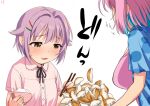  2girls :3 blue_hair brown_eyes chopsticks commentary dumpling food hair_intakes holding idolmaster idolmaster_cinderella_girls jiaozi koshimizu_sachiko multicolored_hair multiple_girls pink_hair purple_hair rice sakaki_imasato short_hair sweatdrop two-tone_hair white_background yumemi_riamu 