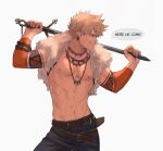  1boy bakugou_katsuki belt blonde_hair boku_no_hero_academia brown_belt chain closed_mouth contrapposto cowboy_shot earrings english_commentary english_text fur_trim grey_background hands_up highres holding holding_sword holding_weapon jewelry keva_(liltkeva) looking_to_the_side male_focus necklace nipples official_alternate_costume over_shoulder pants short_hair simple_background smile solo speech_bubble sword sword_over_shoulder toned toned_male tooth_earrings tooth_necklace weapon weapon_over_shoulder 