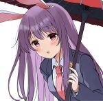  1girl animal_ears bangs banned_artist blazer bunny_ears collared_shirt crescent crescent_pin eyebrows_visible_through_hair holding holding_umbrella jacket long_hair long_sleeves looking_at_viewer necktie open_mouth purple_hair red_eyes red_neckwear red_umbrella reisen_udongein_inaba shirt simple_background solo touhou umbrella upper_body white_background white_shirt yuuka_nonoko 