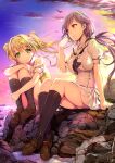  2girls ass bangs bird black_legwear blonde_hair breasts brown_footwear cloud commentary_request eyebrows_visible_through_hair floating_hair hair_ornament hair_ribbon highres kneehighs large_breasts long_hair looking_at_viewer mikazuki_akira! mizuori_shizuku mountain multiple_girls outdoors panties pink_eyes ponytail puffy_short_sleeves puffy_sleeves purple_hair ribbon rock shirt shoes short_sleeves sitting skirt sky summer_pockets tsumugi_wenders twilight underwear white_panties white_ribbon white_shirt white_skirt x_hair_ornament 