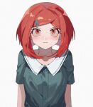  1girl alternate_costume angry arms_at_sides bangs blush brown_eyes buttons closed_mouth collarbone collared_shirt commentary_request danganronpa_(series) danganronpa_v3:_killing_harmony frown green_shirt hair_ornament hairclip highres jazy looking_at_viewer medium_hair red_eyes red_hair shiny shiny_hair shirt short_sleeves solo upper_body yumeno_himiko 