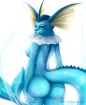  anthro anthrofied breasts butt eeveelution female fluffymonsterart hand_on_butt hi_res long_tail looking_back nintendo nipples nude pok&eacute;mon pok&eacute;mon_(species) simple_background solo standing vaporeon video_games water white_background 