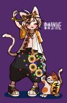  1girl :3 adapted_costume ahoge animal_ears bell belt_collar blush calico cat cat_ears cat_tail character_name collar danmaku danmaku_print gold goutokuji_mike hair_ornament highres howhow_notei jewelry koban_(gold) loose_clothes loose_pants maneki-neko multicolored multicolored_hair multicolored_shirt multicolored_tail necklace one_eye_closed patches paw_pose purple_background short_sleeves slit_pupils solo standing tail touhou wristband yellow_eyes 