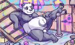  2021 alp_(tas) anthro balls belly blush detailed_background fur genitals giant_panda hi_res humanoid_hands lavilovi male mammal moobs nipples overweight overweight_anthro overweight_male penis purple_body purple_fur sitting small_penis solo tokyo_afterschool_summoners ursid video_games white_body white_fur 