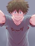  1boy bangs blush boku_no_hero_academia brown_hair clothes_writing commentary_request eyebrows_visible_through_hair freckles green_eyes green_hair grey_background hair_between_eyes looking_at_viewer male_focus messy_hair midoriya_izuku reaching_out shirt short_hair short_sleeves simple_background solo t-shirt tonomayo translation_request upper_body wavy_mouth 