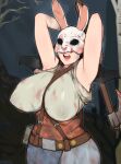  1girl afrobull armpits arms_behind_back artist_name belt blood bloody_clothes breasts bunny_mask covered_eyes covered_nipples cowboy_shot dead_by_daylight facing_viewer grey_shirt hands_up highres holding holding_weapon huge_breasts mask open_mouth shirt solo suspenders sweat the_huntress_(dead_by_daylight) two-handed veil weapon 