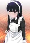  1girl alternate_costume apron bangs black_dress black_hair blunt_bangs brown_eyes dress enmaided frilled_apron frills hatsuyuki_(kancolle) hime_cut kantai_collection long_hair long_sleeves maid maid_apron maid_day maid_headdress solo tsukemon white_apron 