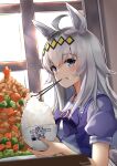  1girl :t absurdres ahoge animal_ears bangs blue_eyes blush bow bowl closed_mouth commentary_request eating eyebrows_visible_through_hair food food_on_face highres holding holding_bowl horse_ears huge_filesize indoors long_hair looking_at_viewer oguri_cap_(umamusume) purple_bow rice rice_bowl sailor_collar school_uniform serafuku short_sleeves signature silver_hair solo star_(symbol) trapiorra umamusume upper_body white_sailor_collar window 