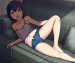  1girl barefoot black_hair camisole collarbone couch hashi looking_at_viewer lying midriff mole mole_on_thigh navel on_side open_fly original purple_eyes short_hair short_shorts shorts solo strap_slip 