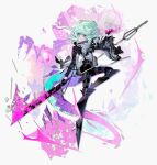  1boy androgynous arknights belt black_gloves black_jacket blonde_hair cravat earrings fire gloves green_hair half_gloves highres horns jacket jewelry kaninn lio_fotia looking_at_viewer male_focus otoko_no_ko polearm promare purple_eyes short_hair solo spear tail weapon 