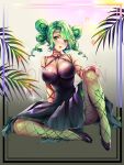  1girl :o bangs bishoujo_senshi_sailor_moon bishoujo_senshi_sailor_moon_crystal breasts cleavage commentary commission dark_green_hair dress earrings english_commentary fishnet_legwear fishnets full_body green_eyes jewelry large_breasts lebachqui126 looking_at_viewer open_mouth signature solo sparkle tellu_(sailor_moon) thorns upper_teeth watermark witches_5 