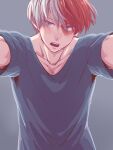  1boy black_shirt blue_eyes blush boku_no_hero_academia burn_scar collarbone commentary_request grey_background grey_eyes heterochromia looking_at_viewer male_focus multicolored_hair open_mouth outstretched_arm reaching_out red_hair scar shirt short_hair short_sleeves simple_background solo sweatdrop t-shirt todoroki_shouto tonomayo two-tone_hair upper_body white_hair 