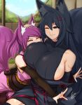  2girls ;) airisubaka animal_ear_fluff animal_ears bangs bare_shoulders black_gloves black_hair blue_eyes borrowed_character breasts closed_eyes commentary covered_collarbone day ear_piercing elbow_gloves english_commentary eyebrows_visible_through_hair fox_ears fox_girl fox_tail gloves hair_between_eyes hair_ornament hairclip hand_on_another&#039;s_head highres hug huge_breasts japanese_clothes kemonomimi_mode kimono kiri_(sub-res) large_tail leah_(airisubaka) multiple_girls obi one_eye_closed original piercing ponytail purple_hair sash signature smile tail 