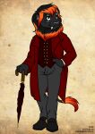  anthro bravura clothing coat felid feline formal hi_res lion male mammal pantherine pose solo standing sudan_red topwear umbrella 