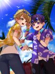  2boys beach blonde_hair food glasses hatoka_ra5 highres ice_cream male_focus multiple_boys open_clothes open_shirt purple_eyes purple_hair senra_(singer) shima_(niconico) shirt star_glasses urashimasakatasen utaite_(singer) yellow_eyes 