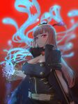  1girl black_nails breasts character_name cleavage commentary highres holding hololive hololive_english large_breasts long_hair maxiu_zhi_che mori_calliope purple_hair red_eyes souls spikes tiara virtual_youtuber 