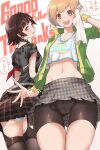  2girls arm_at_side ass bangs bike_shorts brown_eyes brown_hair choker clothes_writing collarbone crop_top crop_top_overhang crotch_seam eyebrows_visible_through_hair garter_straps hand_up handkerchief highres holding_handkerchief jacket kurosususu looking_at_viewer microskirt midriff milestone_celebration multiple_girls navel niijima_makoto number panties parted_bangs parted_lips persona persona_4 persona_4:_dancing_all_night persona_5 persona_5:_dancing_star_night persona_dancing red_eyes satonaka_chie shirt short_hair short_sleeves shorts shorts_under_skirt simple_background skindentation skirt smile spread_fingers stomach tank_top thank_you thighhighs torn_clothes torn_shirt underwear white_background white_panties 