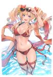  1girl bangs beach bikini blonde_hair blue_eyes blush braid breasts cleavage eater granblue_fantasy hair_intakes hair_ornament hairband highres large_breasts long_hair looking_at_viewer navel open_mouth shimatani_azu smile solo sunglasses swimsuit twintails weapon zeta_(granblue_fantasy) 